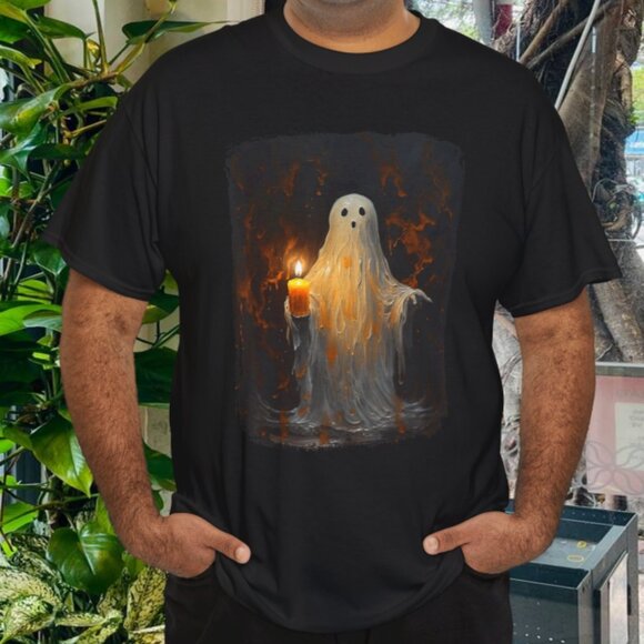 Cute Ghost Holding Candle Funny Halloween Gothic Vintage T-Shirt - Picture 1 of 6